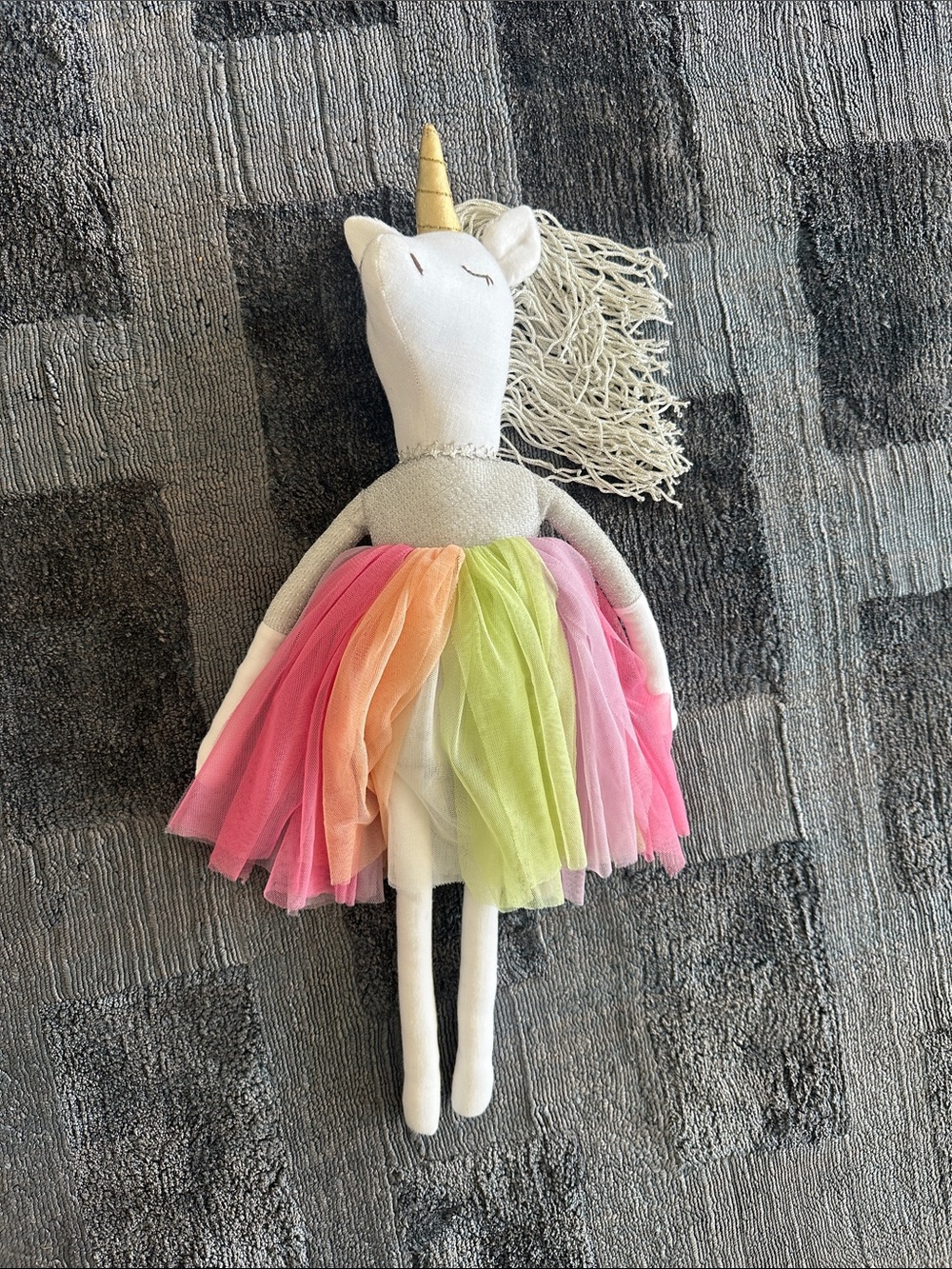 Pottery Barn Kids Unicorn Doll with Pink, Peach, Lime, White and Gold